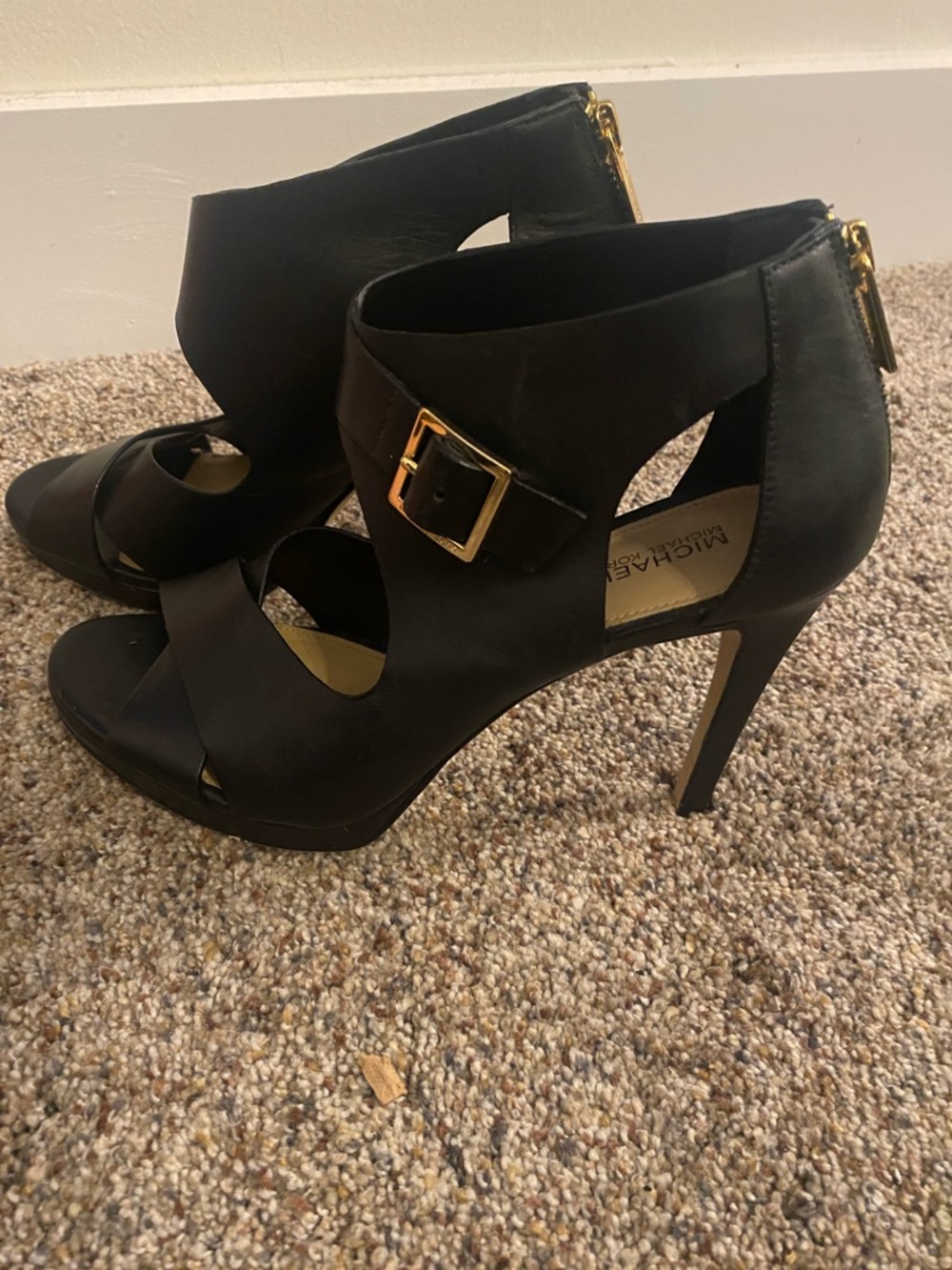 Michael Kors Black Leather Cutout High Heel Sandals with Gold Buckle